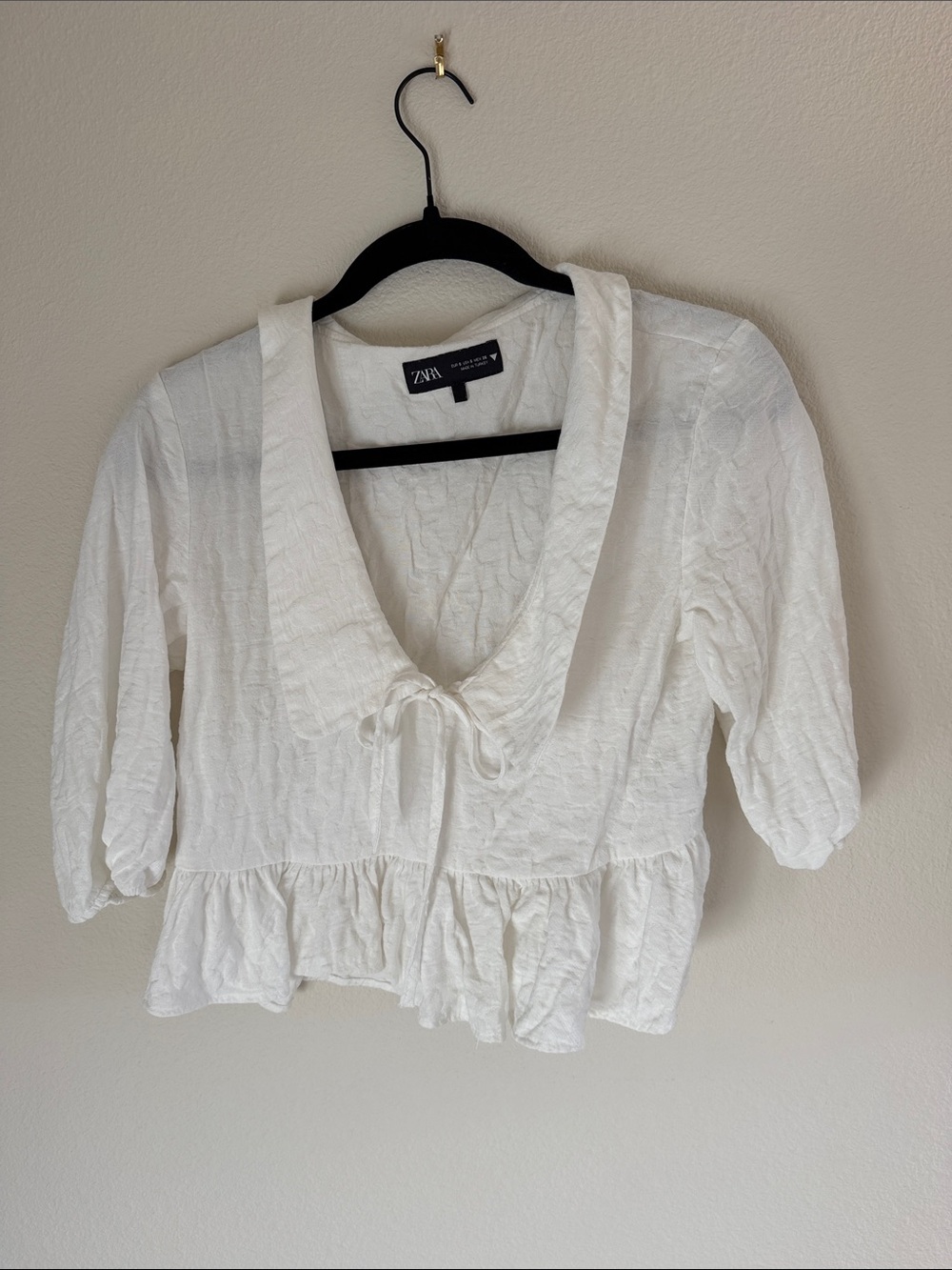 Zara White Textured Ruffle Peasant Top with Tie